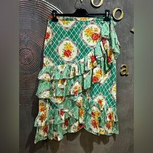Green Floral Ruffle Wrap Skirt | 100% Cotton | Size S | Boho